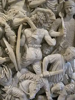 Bare-backed Goth warrior on the Ludovisi Battle sarcophagus wearing braccae, baggy knickerbockers, first used by the Celts and then extended to the other barbarian tribes.