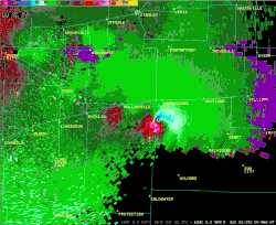 Radar view of a mesocyclone. Note that at the time of this image, an EF5 tornado was on the ground.