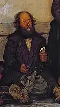 A seated peasant in the center of the painting