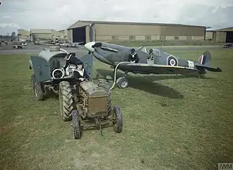 A Fleet Air Arm Supermarine Seafire being refuelled by a petrol bowser at Yeovilton in September 1943.