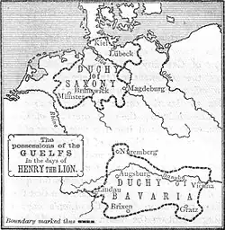 Black-and-white map showing the territorial possessions of the Guelf dynasty during the reign of Henry the Lion.