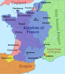 A map of French territory as it was in 1328, showing the enclave of Gascony in the south west