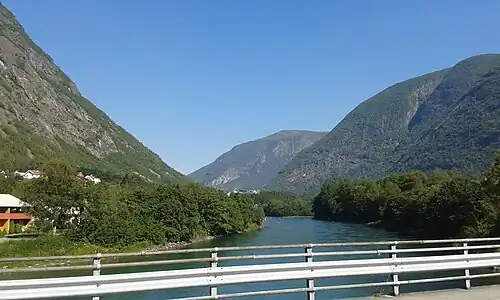 Looking upstream from the bridge over Hæreidselvi river in Årdalstangen