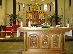 Interior close-up view of the sanctuary facing east