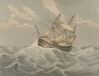 HMS&nbsp;Bellerophon, 50 Miles ESE of Malta, 1 February 1852; made a lithograph by Charles de Brocktorff