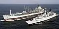 RFA Bayleaf (A109) conducts a Replenishment at Sea (RAS) with the Type 22 frigate HMS Cumberland.