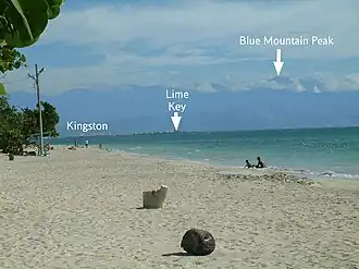 The paying section of Hellshire Beach looking east towards Kingston and the Blue Mountains.