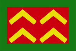 According to the ballad "A Copy of Verses," Every's "shield" was red with four gold chevrons and bordered in green.[71] This may have been intended to describe his flag. Although red was a popular colour for pirate flags of the time, the meaning of the four chevrons is not certain; it may have been an attempt (justified or not) to link Every with the West-Country gentry clan of Every whose coats-of-arms showed similar chevrons.[72]