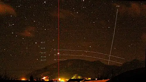 HAO view of the southern horizon − mountains are at 4.0 deg elevation on the meridian (vertical red line) − star Canopus (declination -52.7 deg) is transiting.