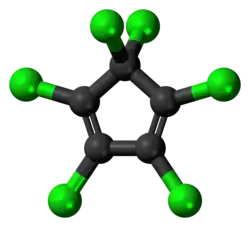 Ball-and-stick model of hexachlorocyclopentadiene