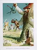 A fanciful version of fighting the windmills, from Don Quixote