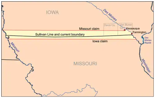 A map of Iowa and Missouri with a black line as their border. There is a yellow section around the line indicating the territorial dispute they had during the Honey War.