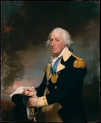 A three-quarters length oil portrait of Gates against a neutral dark background. He is wearing a general's uniform, a blue jacket with gold facing and gold epaulets. He is holding a sword in one hand and a paper in the other. His hair is white and has been tied back.