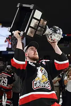 Hronek winning the Calder Cup with the Grand Rapids Griffins in 2017