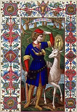 A print in the style of an illuminated manuscript showing Hubert of Liège with the stag.
