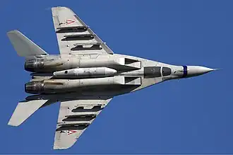 Underside of a Mikoyan-Gurevich MiG-29, showing painted "false canopy"