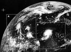 This ATS-3 Satellite shows Hurricane Camille (left) and Hurricane Debbie (right) on August 17, 1969