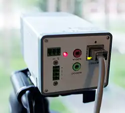 An IP camera powered and networked by Power over Ethernet