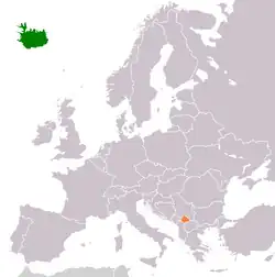 Map indicating locations of Iceland and Kosovo