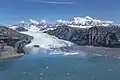 Looking north from Icy Bay to Mount Huxley above Yahtse Glacier, and Mount St. Elias to right