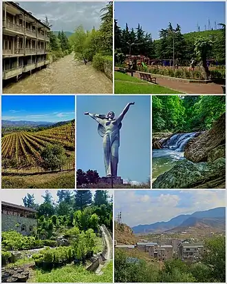 From top left: Aghstev River • Ijevan central park Ijevan Vineyards • Mother Armenia Ijevan Wildlife Sanctuary • Ijevan Dendropark Ijevan skyline and Gugark mountains