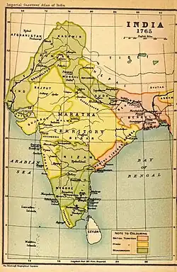 Map of India in 1765, showing the territory administered by the East India Company (pink): Bengal and the Northern Circars, during the time of Clive