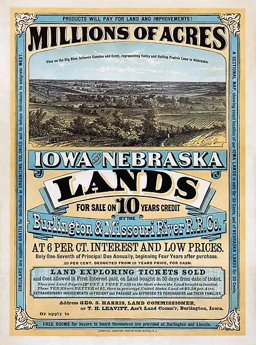 A poster advertising land for sale in Iowa and Nebraska, advertised by Burlington & Missouri River R.R. Company