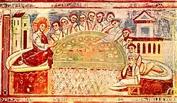 Judas reaches for the food; School of Monte Cassino, c. 1100, Sant'Angelo in Formis, Capua, still using Roman couches.