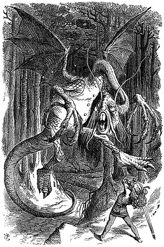 John Tenniel's illustration of the Jabberwock for Lewis Carroll's Through the Looking-Glass, showing the dragon as a myopic professor[18]