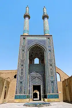 Jameh Mosque of Yazd, Iran, where a flying buttress was added to support the tall entry portal