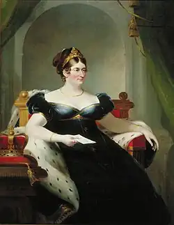Queen Caroline in a green gown and feathered headdress