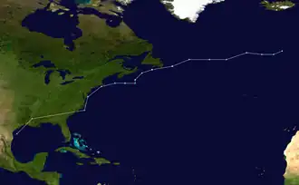 A picture of North America from space. There is a blue line going right to left across the map indicating the January 2026 North American winter storm path