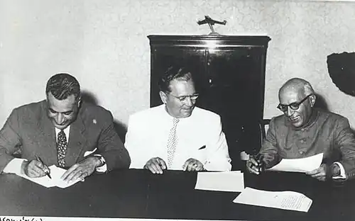 In the 1950s and 60s, India played a pivotal role in the Non-Aligned Movement.[260] From left to right: Gamal Abdel Nasser of United Arab Republic (now Egypt), Josip Broz Tito of Yugoslavia and Jawaharlal Nehru in Belgrade, September 1961.