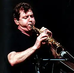 Beckenstein playing a Keilwerth soprano saxophone at Gulfstream Park, Hallandale, Florida