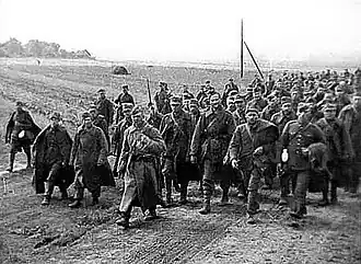 A photo of a crowd of marching Polish prisoners of war captured by the Red Army during the Soviet invasion of Poland
