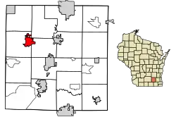 Location of Lake Mills in Jefferson County, Wisconsin.