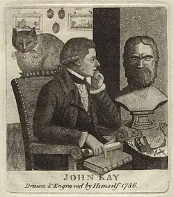 An engraving of John Kay gazing at a sculpted bust on a pedestal, with a cat on the back of his chair