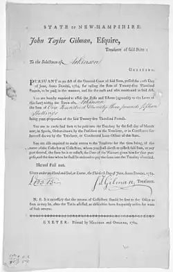 Image 14Order by John Taylor Gilman, State Treasurer and later Governor, 1784 (from History of New Hampshire)