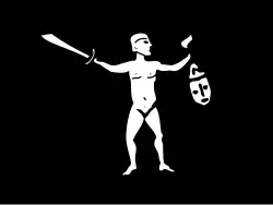 Another of Levasseur's pirate flags, described as “They made it of black silk. In its centre, there was the figure of a naked man with a cutlass in his right hand, and the left one holding a decapitated [sic] head by the hair.”[38]