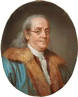 Painting of Benjamin Franklin in green coat