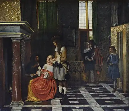 Card Players in an Opulent Interior, shows the hearth on the left and the windows, but has been given a wall on the right (in fact the Mayors-room has two hearths facing each other)