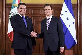 Honduran President Juan Orlando Hernández meeting with Mexican President Enrique Peña Nieto in Tegucigalpa, 2015.
