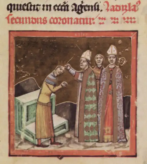 Chronicon Pictum, Hungarian, Hungary, King Ladislaus III, crown, coronation, bishops, throne, medieval, chronicle, book, illumination, illustration, history