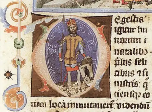 Chronicon Pictum, Hungarian, Előd, chieftain, spear, shield, Turul, bird, medieval, chronicle, book, illumination, illustration, history