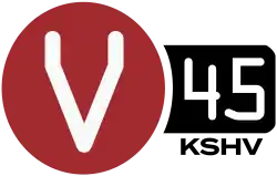 A large red circle containing a white V in a computer typeface. To the right in a black rounded rectangle are the smaller numbers "45". Beneath that in black are the call letters K S H V in a sans serif.