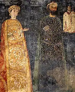 Donor portrait of the Vlacho-Bulgarian sebastokratōr Kaloyan Asan (Asen) and his wife Desislava, fresco from the Boyana Church (1259).