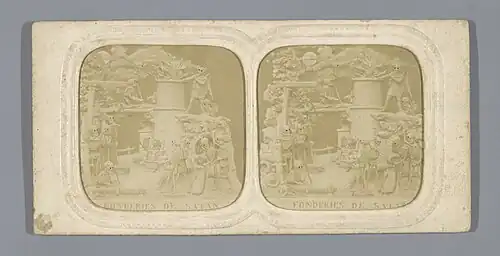 Sepia stereoview of skeleton figures operating a large furnace and working with tools in an infernal foundry, surrounded by flames, smoke, and rocky terrain