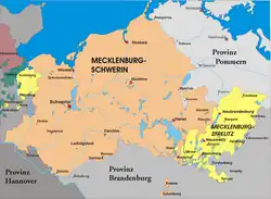 Mecklenburg, divided between Mecklenburg-Schwerin and Mecklenburg-Strelitz, from 1866 to 1934.