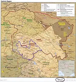 Jammu lies in the Jammu division (neon blue) of the Indian-administered Jammu and Kashmir (shaded tan) in the disputed Kashmir region.[a]