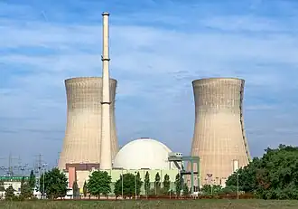 German Grafenrheinfeld plant exhibiting a nearly completely spherical containment design, which is very common for German PWRs; it is a double-containment with an inner steel shell.